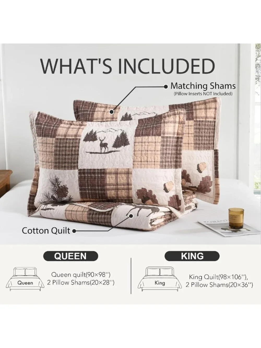 Lightweight 100% Cotton Queen Quilt Set - Deer & Plaid Design, 3 Pieces